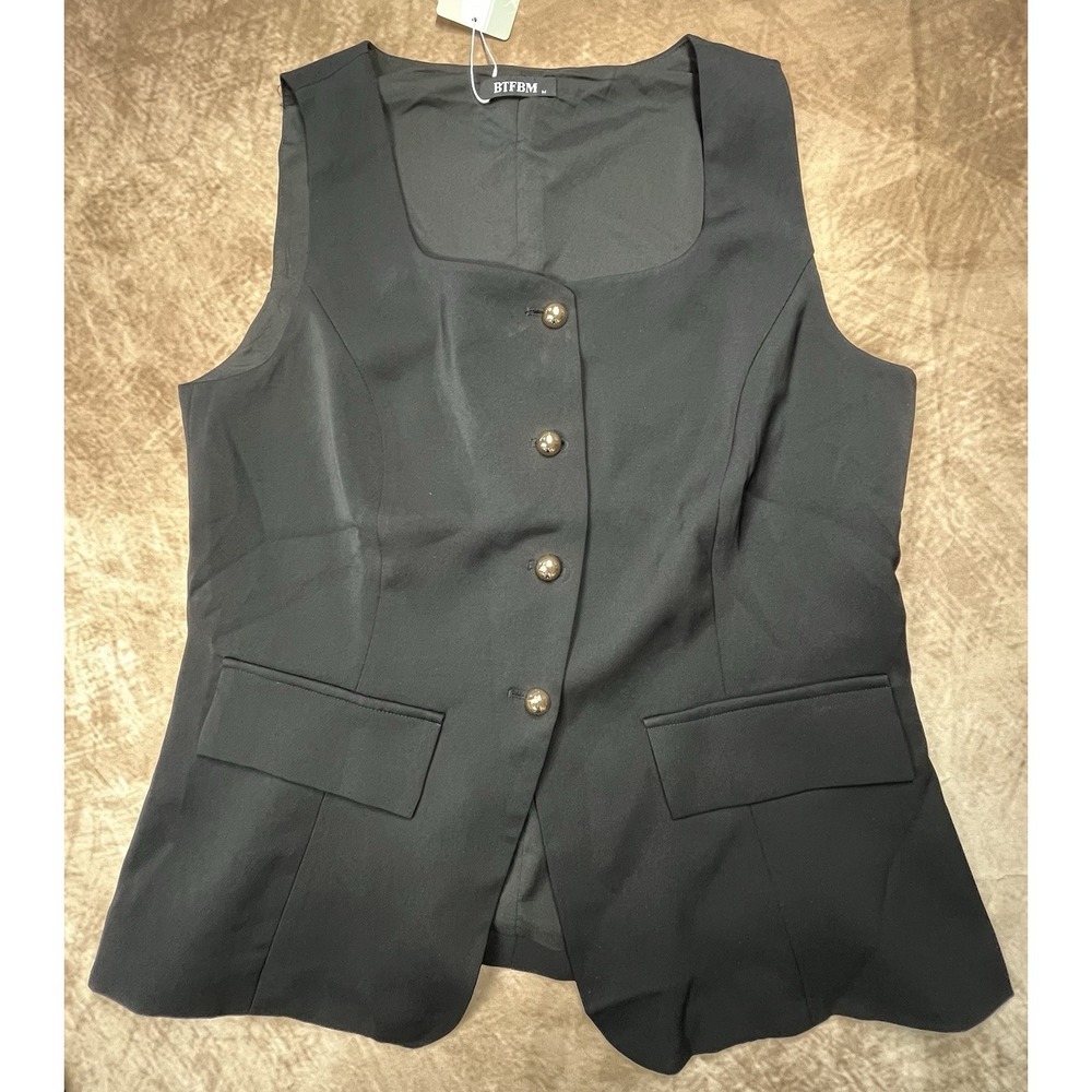 Black Polyester Vest With Gold Tone Buttons By BTFBM Women Size M Lined